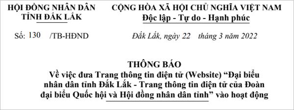 THÔNG BÁO  V/v đưa Trang thông tin điện tử (Website) “Đại biểu nhân dân tỉnh Đắk Lắk 