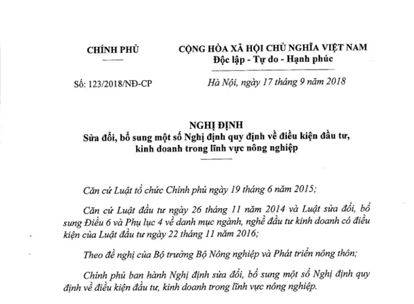 Nghị định 123/2018/NĐ-CP sửa đổi, bổ sung một số Nghị định về điều kiện đầu tư, kinh doanh trong lĩnh vực nông nghiệp