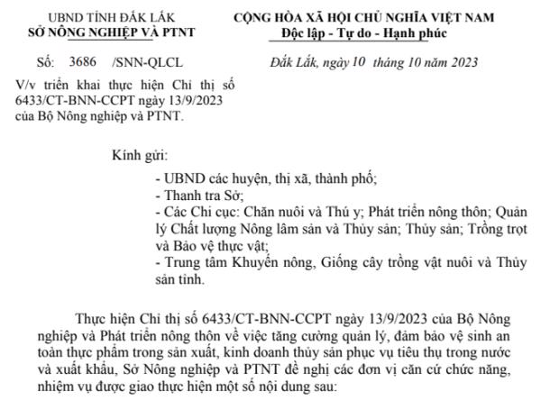 Công văn: Về việc triển khai thực hiện Chỉ thị số 6433/CT-BNN-CCPT ngày 13/9/2023 của Bộ Nông nghiệp và PTNT.