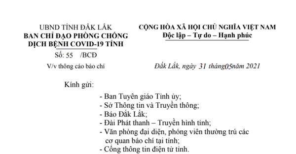 Ban chỉ đạo phòng chống Dịch Covid - 19 tỉnh Đắk Lắk: Thông cáo báo chí