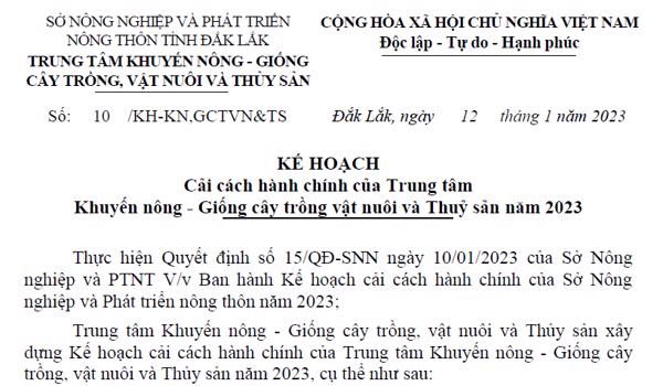 KẾ HOẠCH:  Cải cách hành chính của Trung tâm Khuyến nông - Giống cây trồng vật nuôi và Thuỷ sản năm 2023