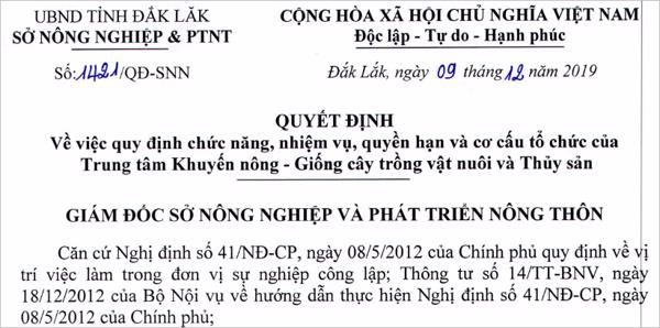 QUYẾT ĐỊNH: Về việc quy định chức năng, nhiệm vụ, quyền hạn và cơ cấu tổ chức của Trung tâm Khuyến nông - Giống cấy trồng vật nuôi và thủy sản