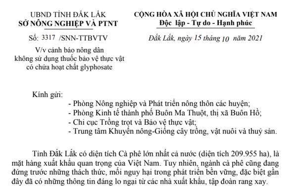 Văn bản của Sở Nông nghiệp & PTNT V/v Cảnh báo nông dân không sử dụng thuốc bảo vệ thực vật có chứa hoạt chất glyphosate