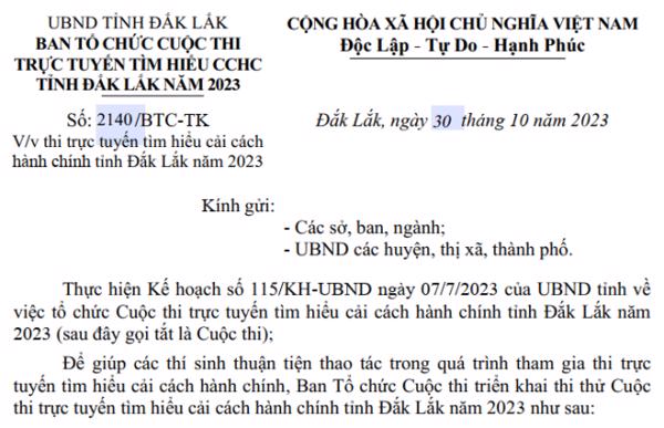 Công văn: Về việc thi trực tuyến tìm hiểu cải cách hành chính tỉnh Đắk Lắk năm 2023