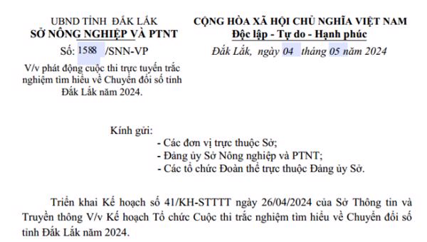 CÔNG VĂN: Về việc phát động cuộc thi trực tuyến trắc nghiệm tìm hiểu về Chuyển đổi số tỉnh Đắk Lắk năm 2024.