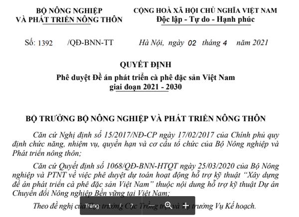 QUYẾT ĐỊNH Phê duyệt Đề án phát triển cà phê đặc sản Việt Nam giai đoạn 2021 - 2030