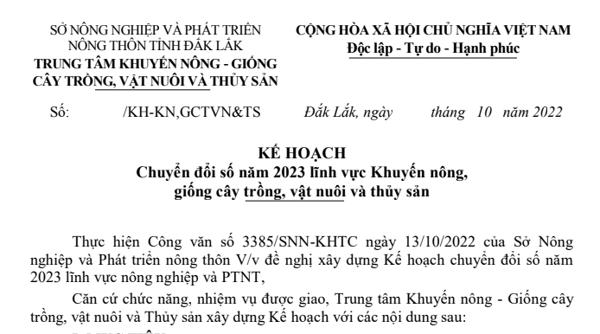 KẾ HOẠCH  Chuyển đổi số năm 2023 lĩnh vực Khuyến nông, giống cây trồng, vật nuôi và thủy sản