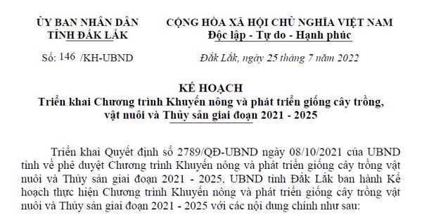 KẾ HOẠCH  Triển khai Chương trình Khuyến nông và phát triển giống cây trồng,  vật nuôi và Thủy sản giai đoạn 2021 - 2025