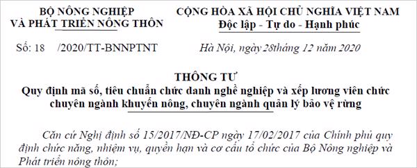 Thông tư 18/2020/TT-BNNPTNT Quy định mã số, tiêu chuẩn chức danh nghề nghiệp và xếp lương viên chức chuyên ngành KN, chuyên ngành quản lý bảo vệ rừng