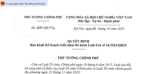 QUYẾT ĐỊNH: Ban hành Kế hoạch triển khai thi hành Luật Giá số 16/2023/QH15