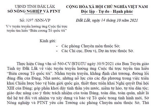 Văn bản của Sở Nông nghiệp và PTNT: Về việc tuyên truyền hưởng ứng Cuộc thi trực tuyến tìm hiểu “Biên cương Tổ quốc tôi”