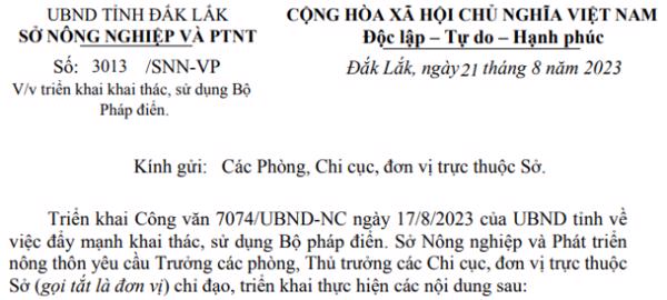 Công văn: Về việc triển khai khai thác, sử dụng Bộ  Pháp điển.