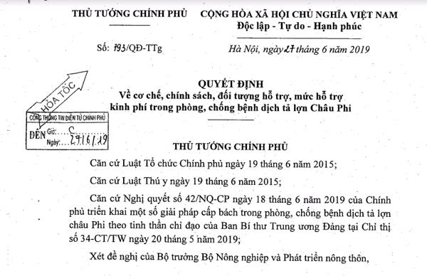 Quyết định về cơ chế, chính sách, đối tượng hỗ trợ, mức hỗ trợ kinh phí trong phòng, chống bệnh dịch tả lợn Châu Phi