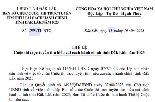 THỂ LỆ:  Cuộc thi trực tuyến tìm hiểu cải cách hành chính tỉnh Đắk Lắk năm 2023