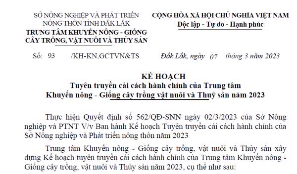 KẾ HOẠCH: Tuyên truyền cải cách hành chính của Trung tâm Khuyến nông - Giống cây trồng vật nuôi và Thuỷ sản năm 2023