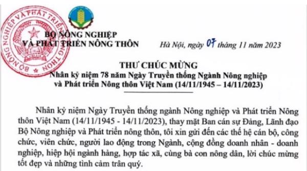 Bộ trưởng Lê Minh Hoan gửi thư chúc mừng 78 năm ngày truyền thống ngành Nông nghiệp và PTNT Việt Nam