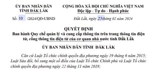 QUYẾT ĐỊNH: Ban hành Quy chế quản lý và cung cấp thông tin trên trang thông tin điện tử, cổng thông tin điện tử của cơ quan nhà nước tỉnh Đắk Lắk