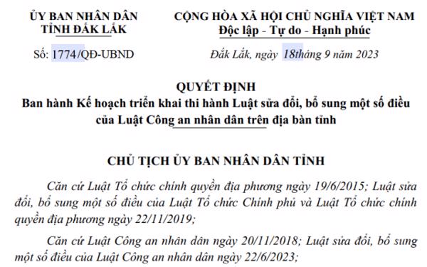 QUYẾT ĐỊNH: Ban hành Kế hoạch triển khai thi hành Luật sửa đổi, bổ sung một số điều của Luật Công an nhân dân trên địa bàn tỉnh