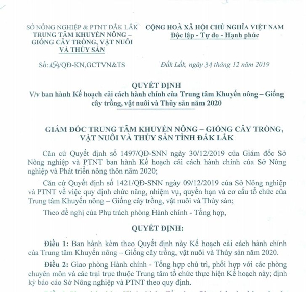Quyết định ban hành Kế hoạch tuyên truyền cải cách hành chính của Trung tâm Khuyến nông - Giống cây trồng, vật nuôi và Thủy sản năm 2020
