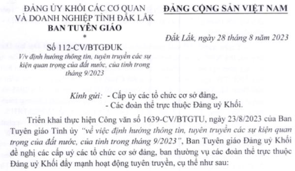 CÔNG VĂN: Định hướng thông tin, tuyên truyền các sự kiện quan trọng của đất nước, của tỉnh trong tháng 9/2023