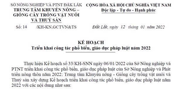 KẾ HOẠCH: Triển khai công tác phổ biến, giáo dục pháp luật năm 2022