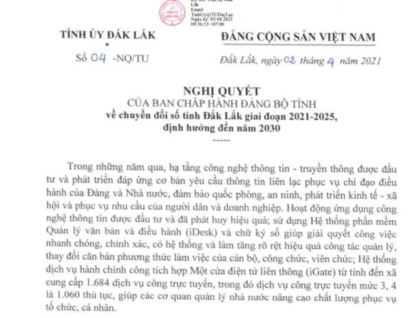 Nghị quyết: của Ban chấp hành Đảng bộ tỉnh về chuyển đổi số của tỉnh Đắk Lăk giai đoạn 2021 - 2025, định hướng đến năm 2030