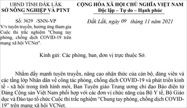 V/v tuyên truyền, hưởng ứng tham gia Cuộc thi trắc nghiệm "Chung tay phòng, chống dịch COVID-19 trên mạng xã hội VCNet".