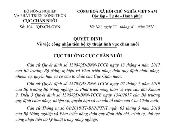 Quyết định về việc công nhận tiến bộ kỹ thuật lĩnh vực chăn nuôi