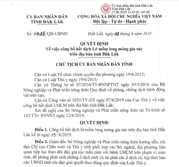 Quyết định về việc công bố hết dịch Lở mồm long móng gia súc trên địa bàn tỉnh Đăk Lăk