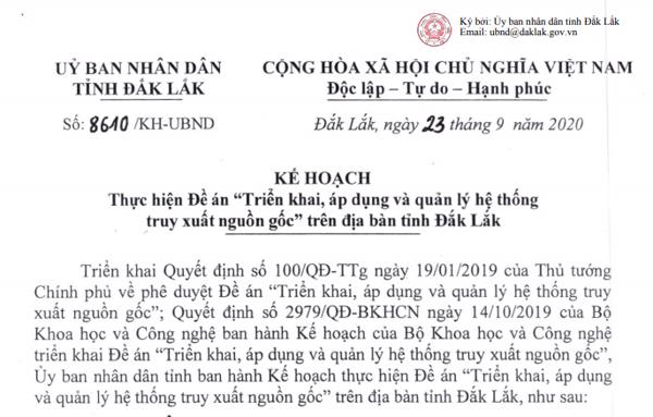 Kế hoạch Thực hiện Đề án triển khai, áp dụng và quản lý hệ thống truy xuất nguồn gốc trên địa bàn tỉnh Đắk Lắk