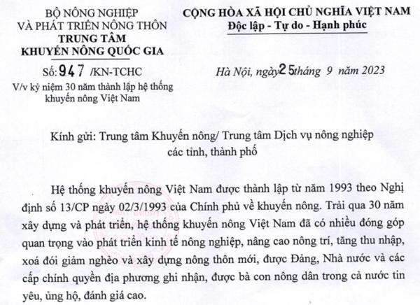 Kỷ niệm 30 năm thành lập hệ thống Khuyến nông Việt Nam