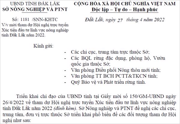 V/v mời tham dự Hội nghị trực tuyến Xúc tiến đầu tư lĩnh vực nông nghiệp tỉnh Đắk Lắk năm 2022.