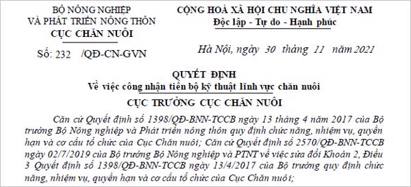 QUYẾT ĐỊNH: Về việc công nhận tiến bộ kỹ thuật lĩnh vực chăn nuôi