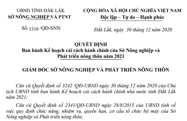 Quyết định ban hành Kế hoạch Cải cách hành chính năm 2021 của Sở Nông nghiệp và PTNT