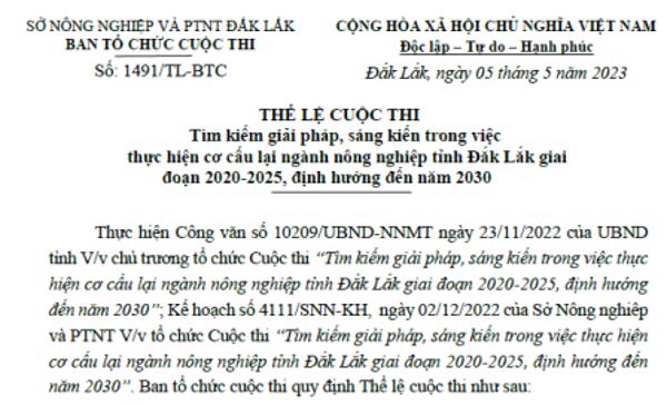 Thể lệ cuộc thi: Tìm kiếm giải pháp, sáng kiến trong việc thực hiện cơ cấu lại ngành nông nghiệp tỉnh Đắk Lắk giai đoạn 2020-2025, định hướng ...