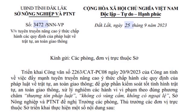 Công văn: Về việc tuyên truyền nâng cao ý thức chấp hành các quy định của pháp luật về trật tự, an toàn giao thông