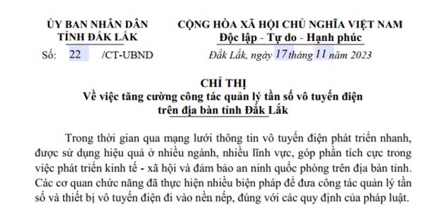 CHỈ THỊ:  Về việc tăng cường công tác quản lý tần số vô tuyến điện trên địa bàn tỉnh Đắk Lắk