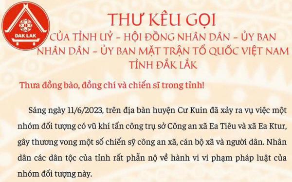 Thư kêu gọi của Tỉnh ủy - Hội đồng nhân dân - Ủy ban nhân dân - UBMTTQ Việt Nam tỉnh Đắk Lắk