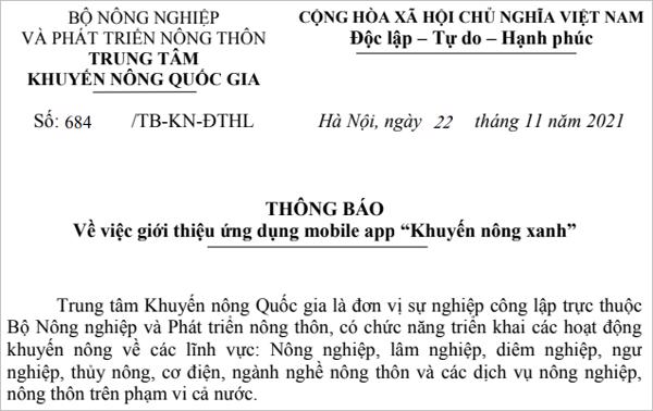 THÔNG BÁO  Về việc giới thiệu ứng dụng mobile app “Khuyến nông xanh”