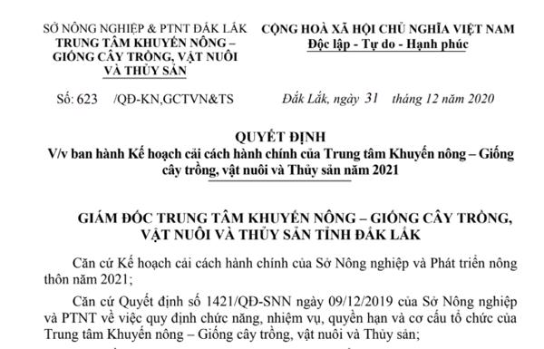 quyết định ban hành Kế hoạch cải cách hành chính của Trung tâm Khuyến nông – Giống  cây trồng, vật nuôi và Thủy sản năm 2021