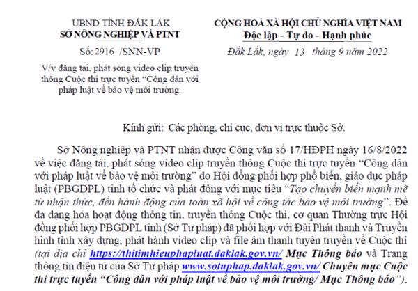 Đăng tải, phát sóng video clip truyền thông Cuộc thi trực tuyến “Công dân với pháp luật về bảo vệ môi trường.