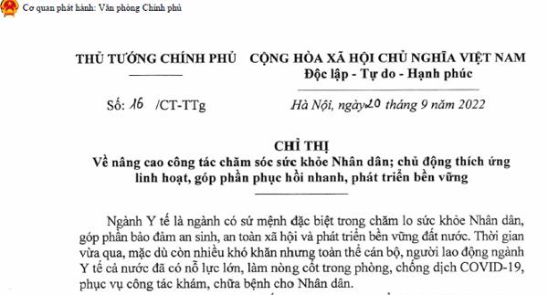 Chỉ thị số 16/CT-TTg: Về nâng cao công tác chăm sóc sức khỏe Nhân dân; chủ động thích ứng linh hoạt, góp phần phục hồi nhanh, phát triển bền vững