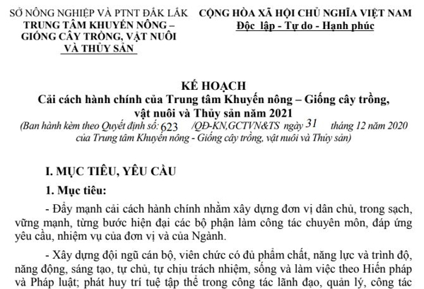 Kế hoạch Cải cách hành chính năm 2021 của Trung tâm Khuyến nông - Giống cây trồng, vật nuôi và Thủy sản 