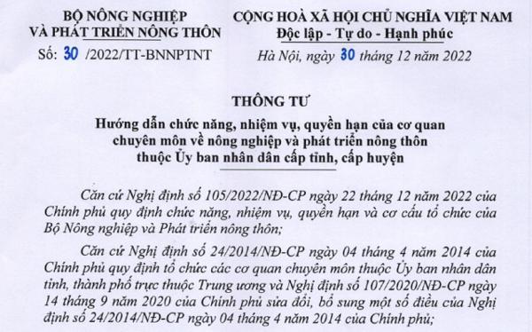 THÔNG TƯ: Hướng dẫn chức năng, nhiệm vụ, quyền hạn của cơ quan chuyên môn về Nông nghiệp và phát triển nông thôn thuộc UBND cấp tỉnh, cấp huyện