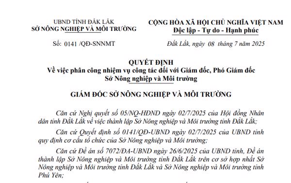 Quyết định về việc phân công nhiệm vụ công tác đối với Giám đốc, Phó Giám đốc Sở Nông nghiệp và Môi trường