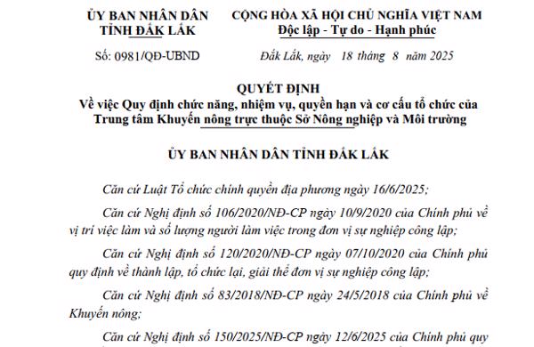 QUYẾT ĐỊNH:  Về việc Quy định chức năng, nhiệm vụ, quyền hạn và cơ cấu tổ chức của Trung tâm Khuyến nông trực thuộc Sở Nông nghiệp và Môi trường