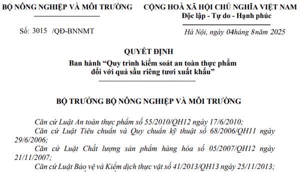 QUYẾT ĐỊNH: Ban hành “Quy trình kiểm soát an toàn thực phẩm đối với quả sầu riêng tươi xuất khẩu”