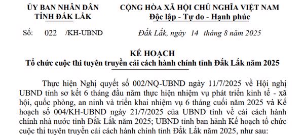 KẾ HOẠCH: Tổ chức cuộc thi tuyên truyền cải cách hành chính tỉnh Đắk Lắk năm 2025