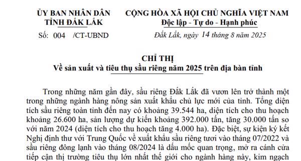 CHỈ THỊ:  Về sản xuất và tiêu thụ sầu riêng năm 2025 trên địa bàn tỉnh