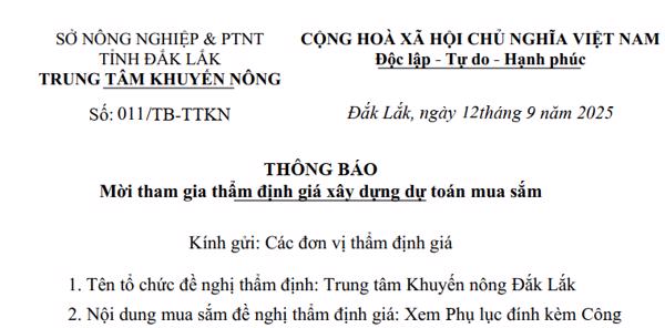 THÔNG BÁO: Mời tham gia thẩm định giá xây dựng dự toán mua sắm